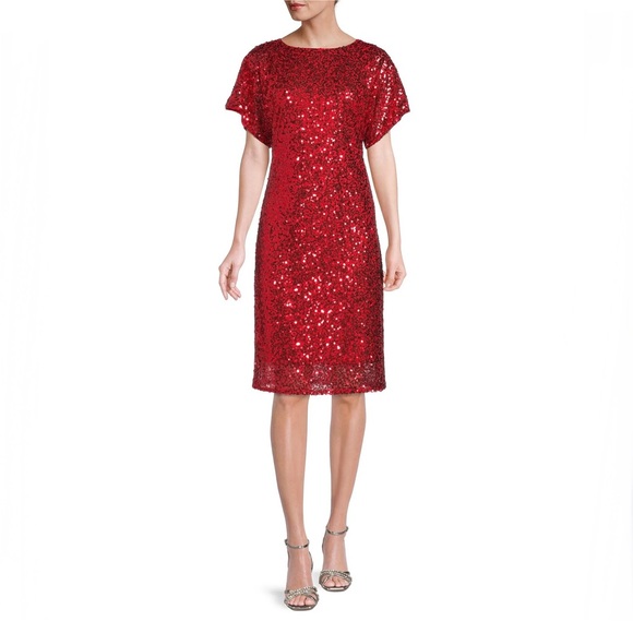 Reba Red Bateau Neck Dolman Short Sleeve Sequin Dress Sz 4 - Picture 1 of 15